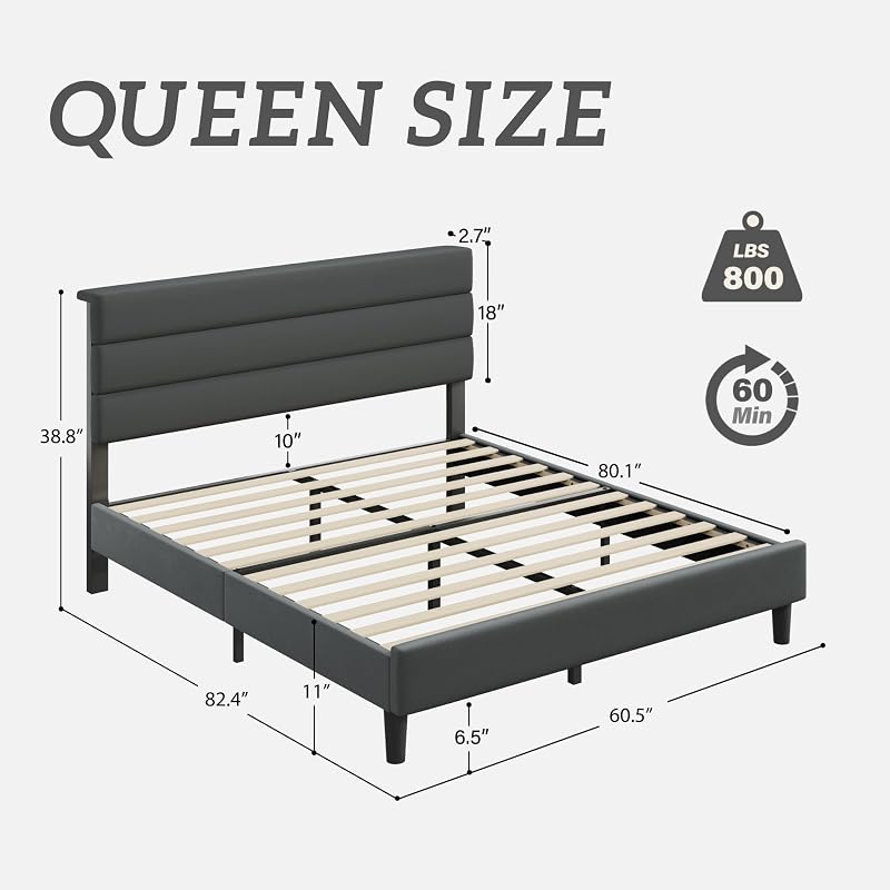 Fluest Queen Size Bed Frame, Platform Bed Frame with Velvet Upholstered Headboard, No Box Spring Needed, Sturdy Metal Support, Noise Free, Easy Assembly, Grey image 2