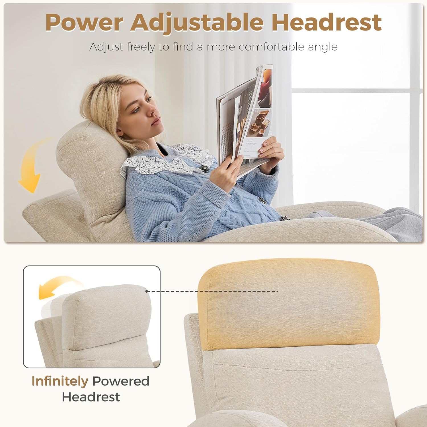 Dual Motors Power Recliner with Adjustable Headrest, Electric Swivel Rocker Recliner for Nursery, Glider Reclining Rocking Nursery Chairs for Small Space, Living Room, Bedroom, Chenille Camel