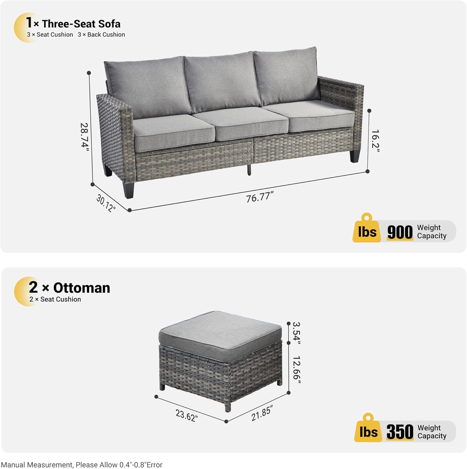 ovios 3 Pieces Patio Furniture Set Outdoor Sofa with Ottomans, Wicker Rattan Couch with Footrests Comfy Cushions, All Weather Sofas Couches for Porch Backyard Garden, Dark Grey