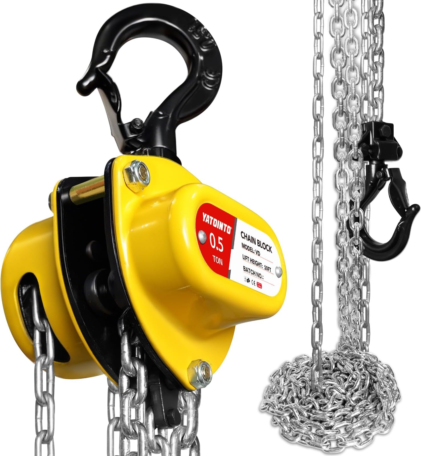 YATOINTO Chain Hoist 1/2 Ton (1100 lbs) Capacity, Small & Mini Chain Hoist with 10 FT Lift, 11'' Low Headroom, Industrial-Grade Steel Chain Fall for Garage & Automotive Use