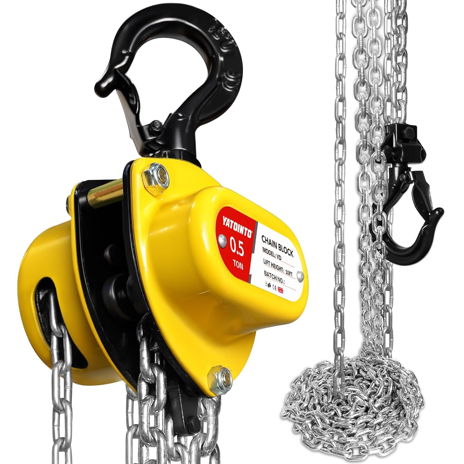 Chain Hoist 1/2 Ton (1100 lbs) Capacity, Small & Mini Chain Hoist with 10 FT Lift, 11'' Low Headroom, Industrial-Grade Steel Chain Fall for Garage & Automotive Use