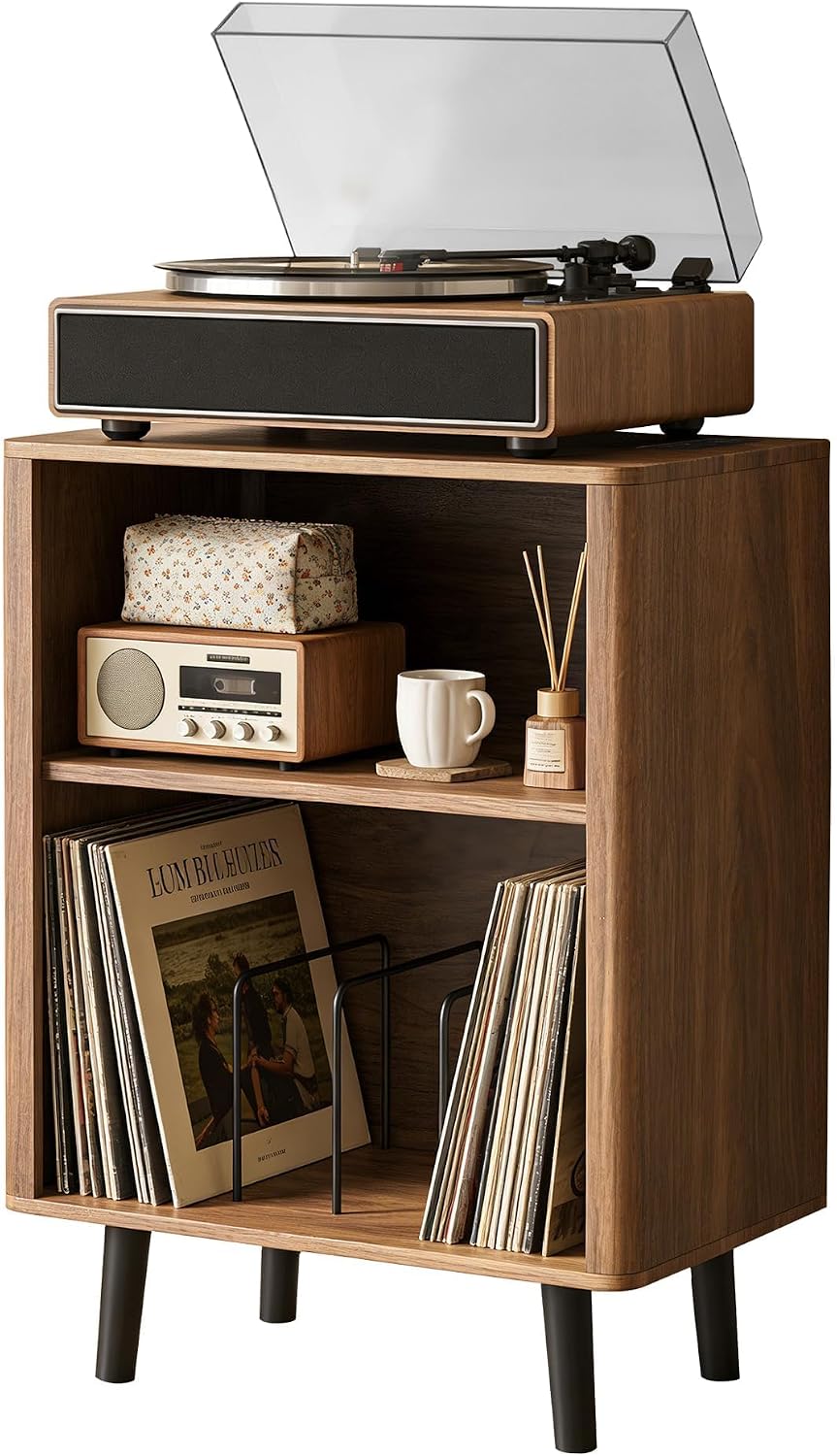 Modern Record Player Stand with Storage – 23.6" W Solid Wood Vinyl Record Table for 150+ Vinyl Albums, Ideal for Living Room & Office(Walnut)