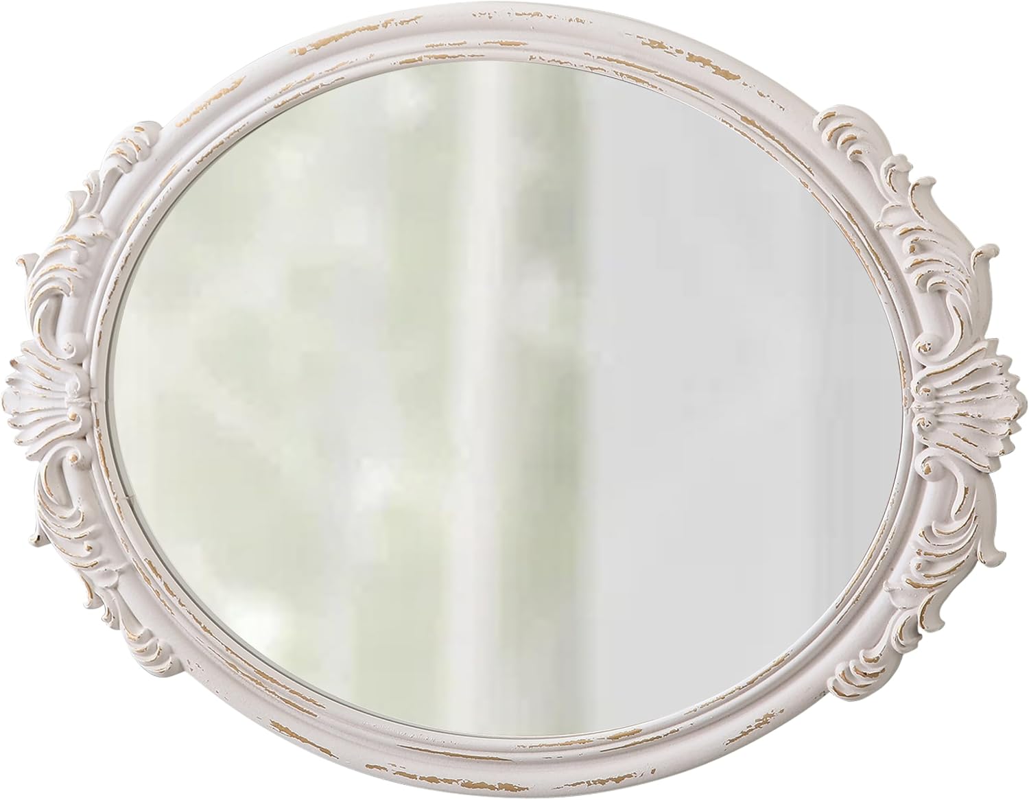 Vintage Oval Mirrors for Wall 30 X 22 Inch, Hanging Distressed White Wood Frame Antique Bathroom Mirrors for Over Sink, Decorative Mirror Living Room Bedroom Entryway, Horizontal or Vertical