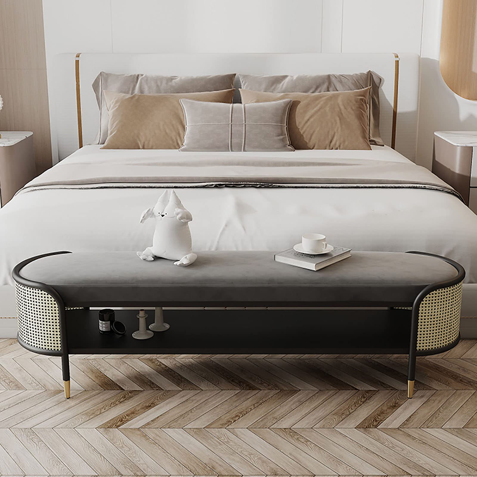 Ottomane de rangement en velours 100cm avec pieds en métal pour bout de lit et salon