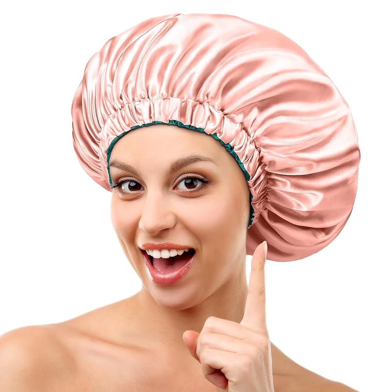 Touca de cetim dupla face mikimini para dormir, tamanho extra grande, verde e rosa, 2 unidades