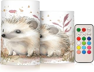 ALAZA Watercolor Hedgehog Flickering Flameless Candles Battery Operated with Remote Timer,Tea Light Candles LED Pillar Votive Candles Set of 2 for Outdoor Indoor Decorations