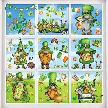 St. Patricks Day Decoration Green Window Clings St. Patricks Day Window Stickers Double-Sided Saint Patty Shamrock Gnome Window Decals for Glass Window Wall Decor