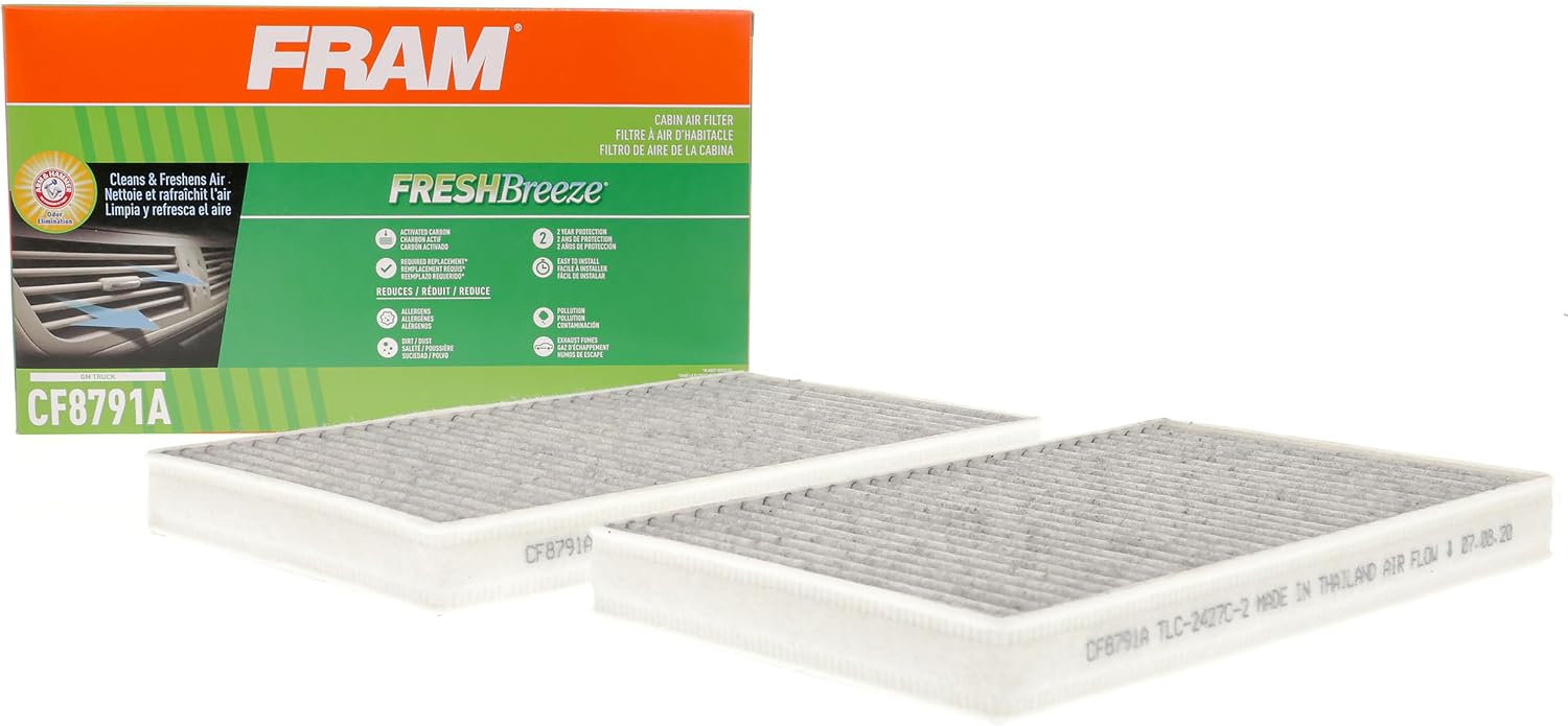 FRAM Fresh Breeze Cabin Air Filter Replacement for Car Passenger Compartment w/ Arm and Hammer Baking Soda, Easy Install, CF8791A for GM Truck Vehicles , white