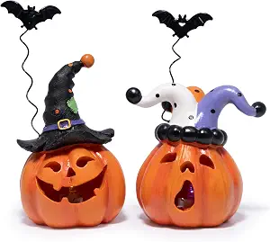 10 Best Halloween Home Decor Accents in 2026 5 Hodao Halloween Pumpkin Decor Indoor, Resin Halloween Figurines with Light, Jack O Lantern Decorations with Witch Hat & Flying Bat for Home Bedroom Table Office Party Gift - 2 Pcs