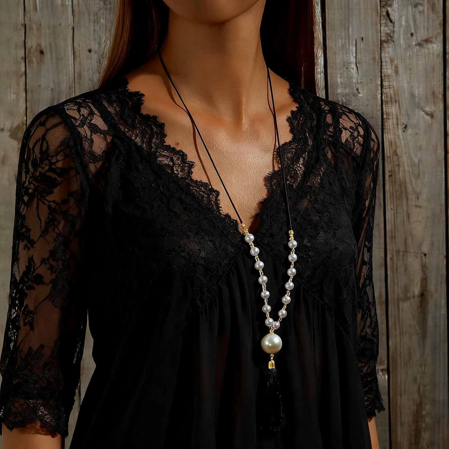 Bohemia Long Tassel Chain Sweater Necklace Large Pearl Leather Pendant Necklace Black Fringe Y Drop Necklaces Adjustable Pearl Beads Necklaces Chain Jewelry for Women - Image 4