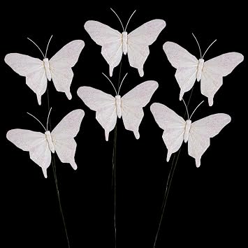 Cartanfill- Feather Fake Butterfly Balcony Decoration, Wedding Home Flower Pot Christmas Valentines Day Fairy Garden Fairy Garden Supplies, White, 12pcs Wire
