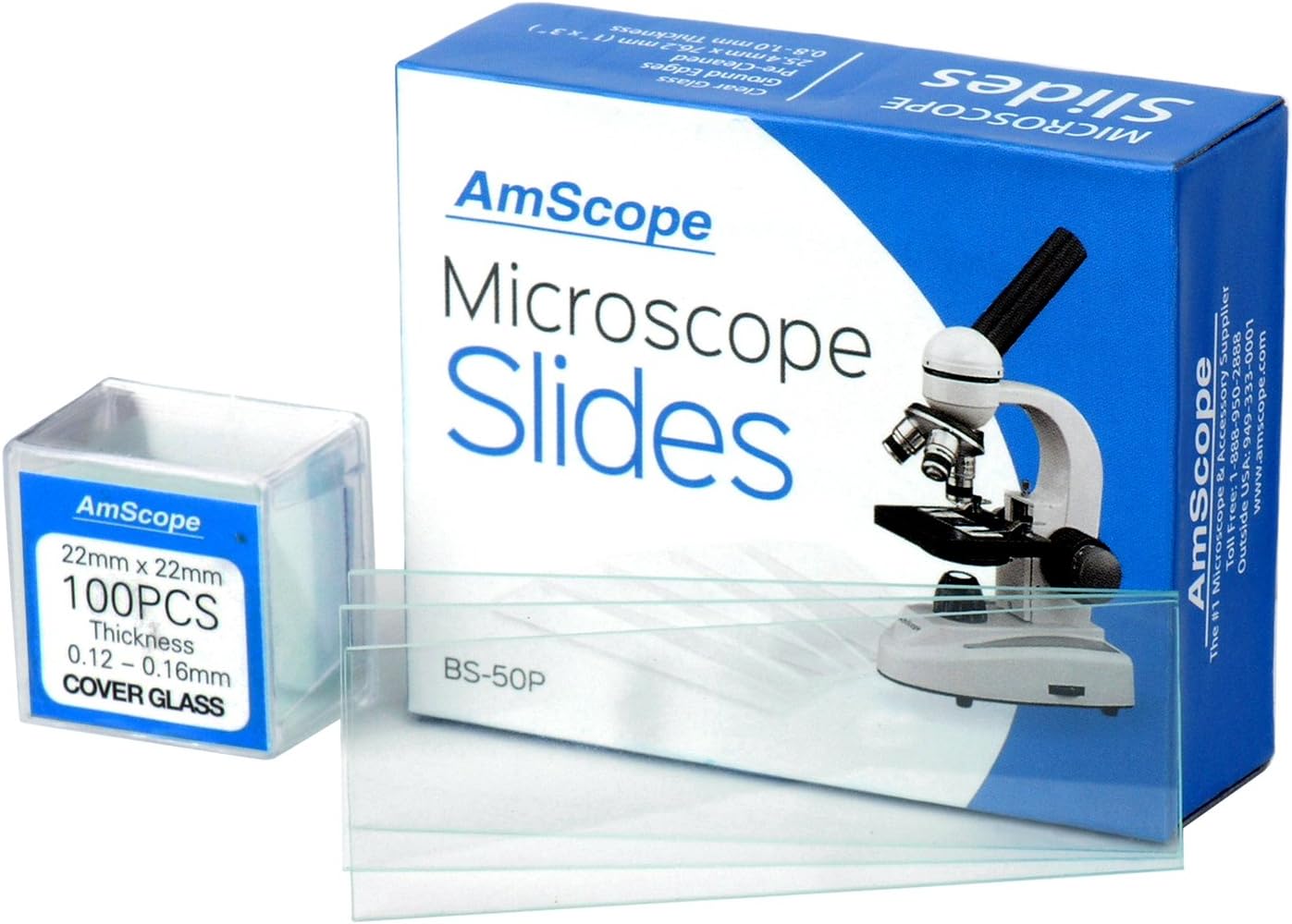 AmScope BS-50P-100S-22 Pre-Cleaned Blank Ground Edge Glass Microscope Slides and 100pc Pre-Cleaned Square Glass Cover Slips Coverslips