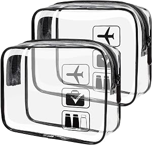 TSA Approved Clear Toiletry Bags for Women & Men (2 Pack), 1 Quart Size Waterproof Travel Pouch with Zipper, Airport Approved Makeup Bag for Liquids and Cosmetics