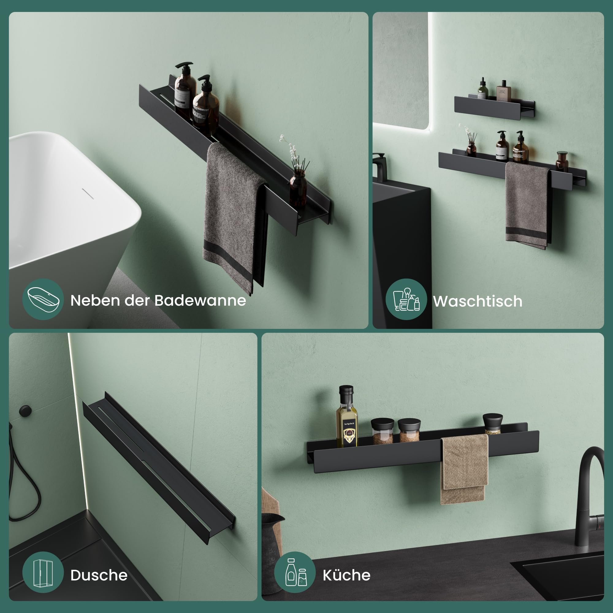 Mai & Mai Duschablage ohne Bohren 80cm Duschregal Matt schwarz | Badregal zum Bohren oder Kleben, Badezimmerablage zur Wandmontage Badezimmer Organizer für Bad, Küche, Reglo-03