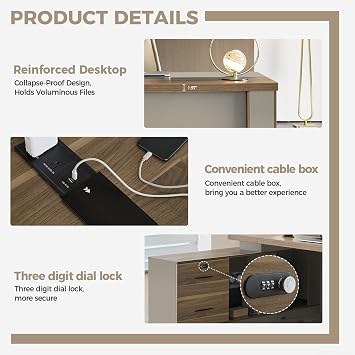 L Shape Executive Desk with Reversible Drawer Cabinet, Lockable Storage & Cable Box, Large Modern Office Desk for CEO or Home Workspace (Black Walnut+Khaki, 95 L*71 W*30 H)
