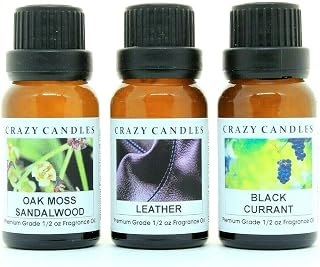 Crazy Candles 3 Bottles Set, 1 Leather, 1 Oakmoss Sandalwood, 1 Black Currant 1/2 Fl Oz Each (15ml) Premium Grade Scented Fragrance Oils