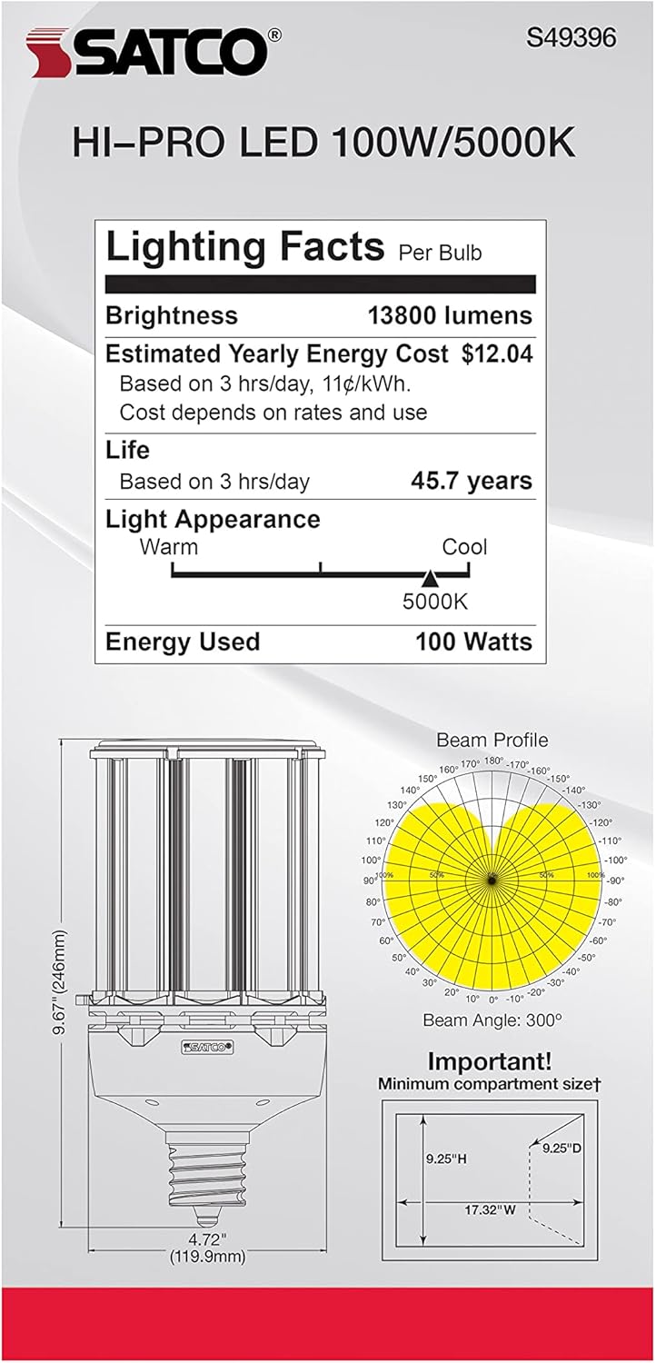 Satco S49396 Corncob LED HID Replacement Light Bulb, EX39 Mogul Extended Base, 100W, 5000K, Natural White, Non-Dimmable