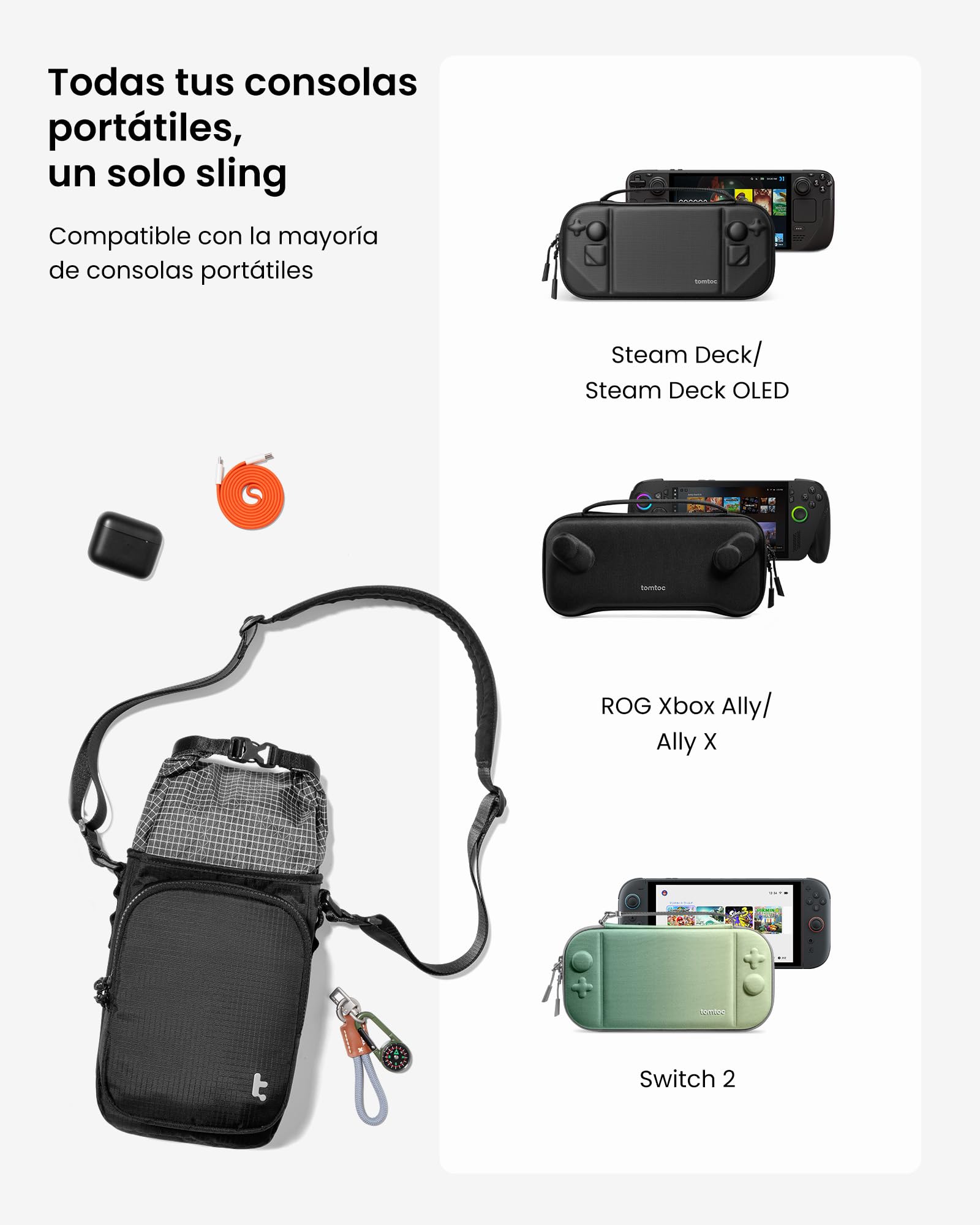 tomtoc Bandolera para Funda Slim de Consola de Juego Portátil, Bolsa Cruzada de Viaje para Steam Deck, ROG Xbox Ally X, Switch 2, PS Portal, Bolsa Roll-Top para Cable de Carga y Accesorios