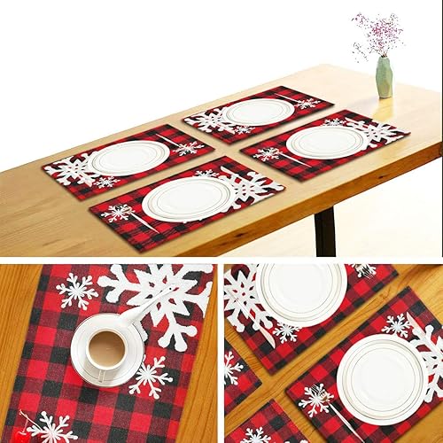 Miniatura 7 de Juego de 4 manteles individuales de Navidad con copos de nieve, color rojo búfalo a cuadros, para invierno, nieve, cocina, reversible, algodón,