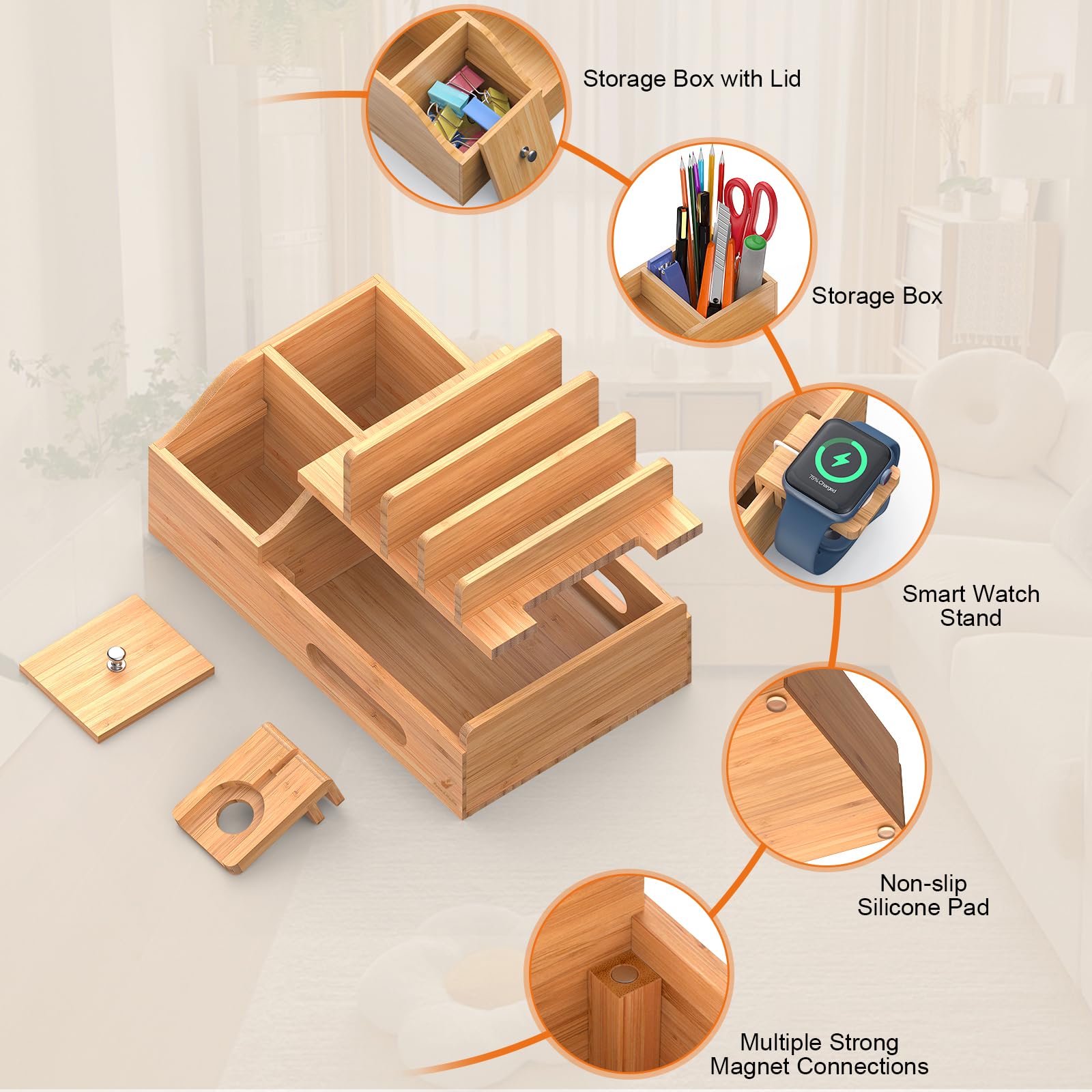 Station de charge en bambou pour plusieurs appareils avec chargeur USB 5 ports, 6 câbles de charge et support de montre intelligente. Station d'accueil de bureau en bois pour téléphone portable,