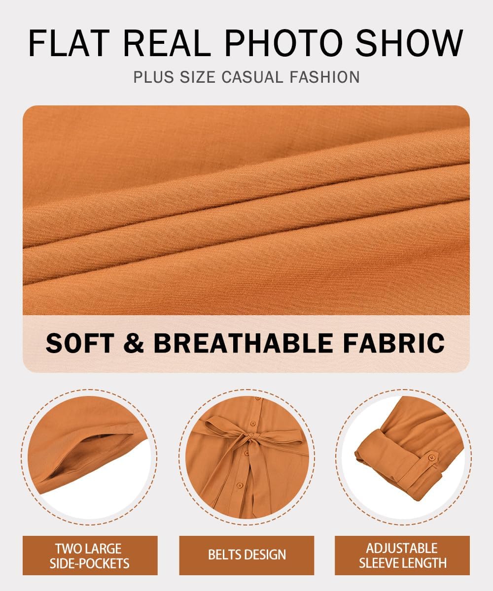 RITERA Plus Size Dresses for Curvy Women Long Sleeve Midi Fall Caramel Brown Shirt Dress Casual V Neck Button Down Winter Flowy A Line Wedding Guest Soft Work Dress with Belt and Pocket 3XL 22W 24W - Image 5