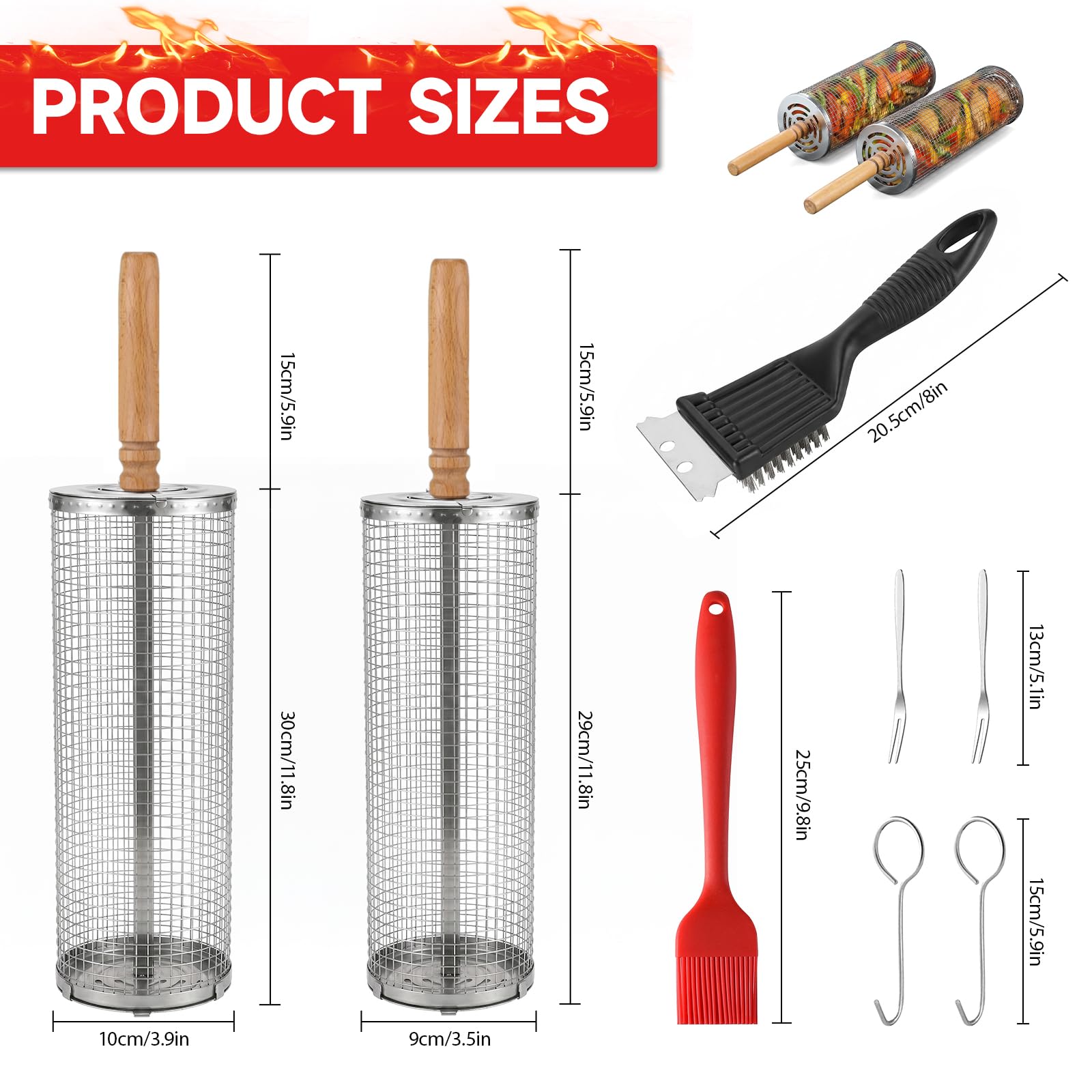 Panier à Barbecue Roulant, Paquet de 2 Paniers à Grillades Enroulable avec Poignée Détachable et Brosse Panier Grille Barbecue Emboîtables pour Légumes, Viande, Poisson Cadeau Hommes