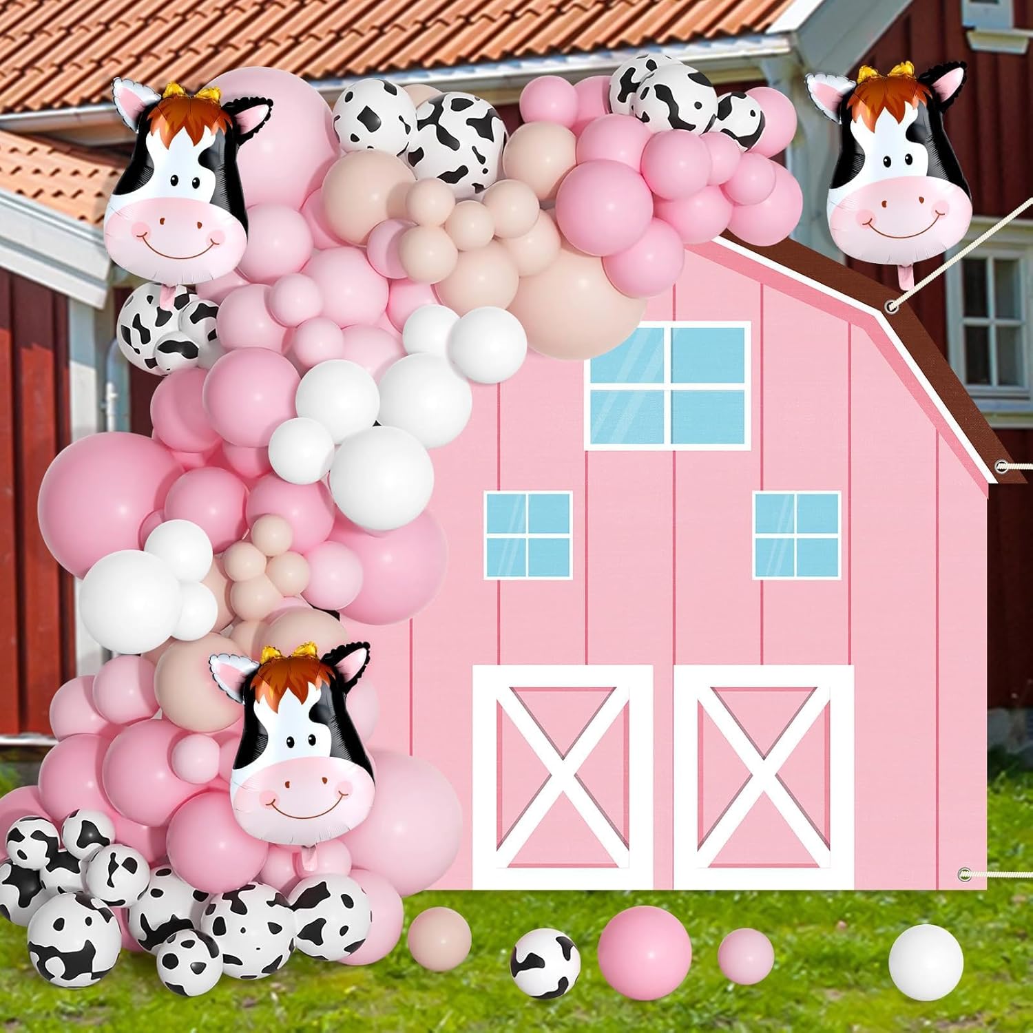 Farm Animals Party Decoration Set Farmhouse Backdrop Cow Balloon Garland Arch Kit Farm Theme Balloons Photo Booth Photography Background Decor for Halloween Birthday Kids Baby Shower Party Supplies