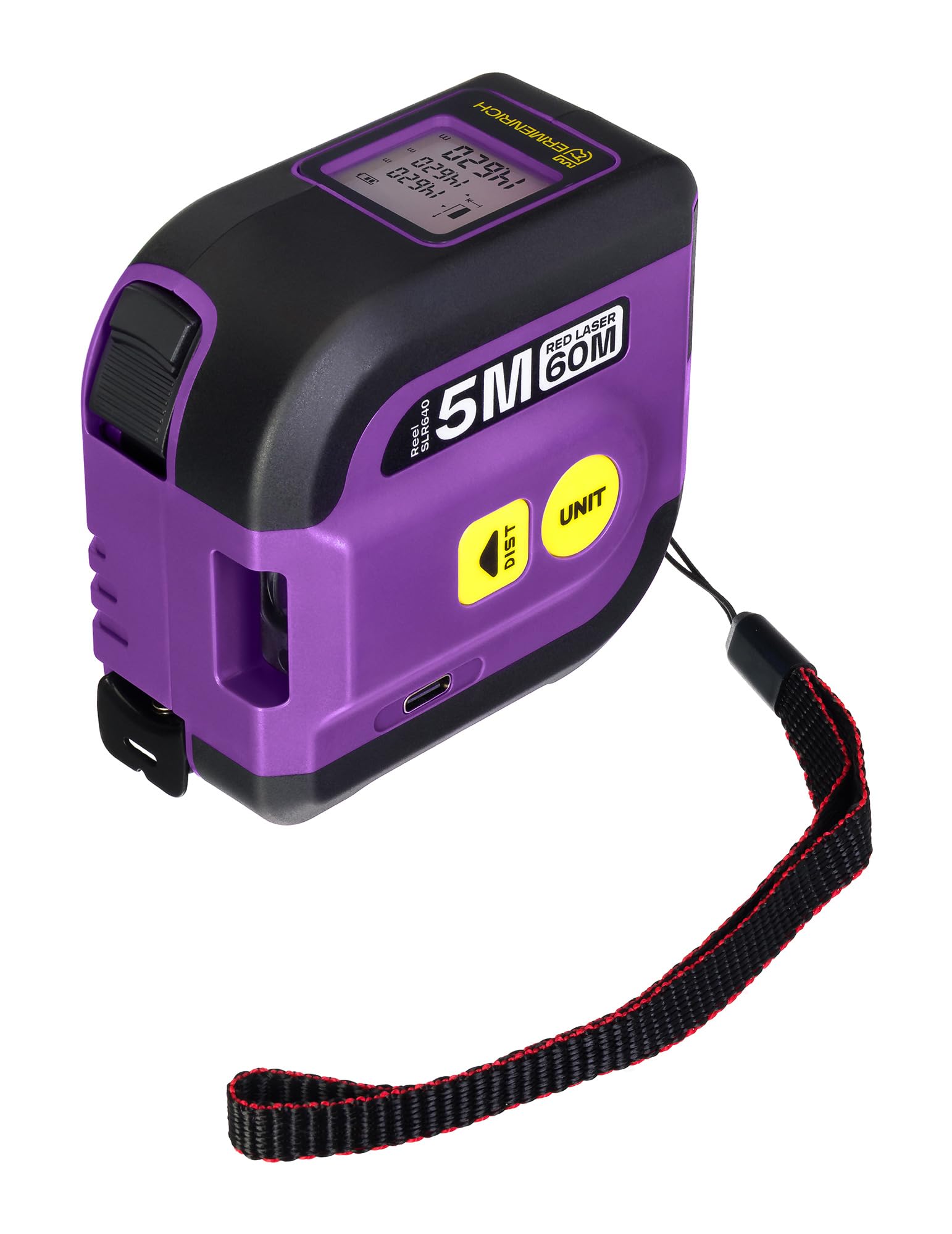 Reel SLR640 2 en 1 Medidor Láser 60M y Cinta Métrica 5M Medición de Longitud Área Volumen Pantalla LCD Retroiluminada Función Memoria Unidades en Pulgadas, Pies, Metros Violeta
