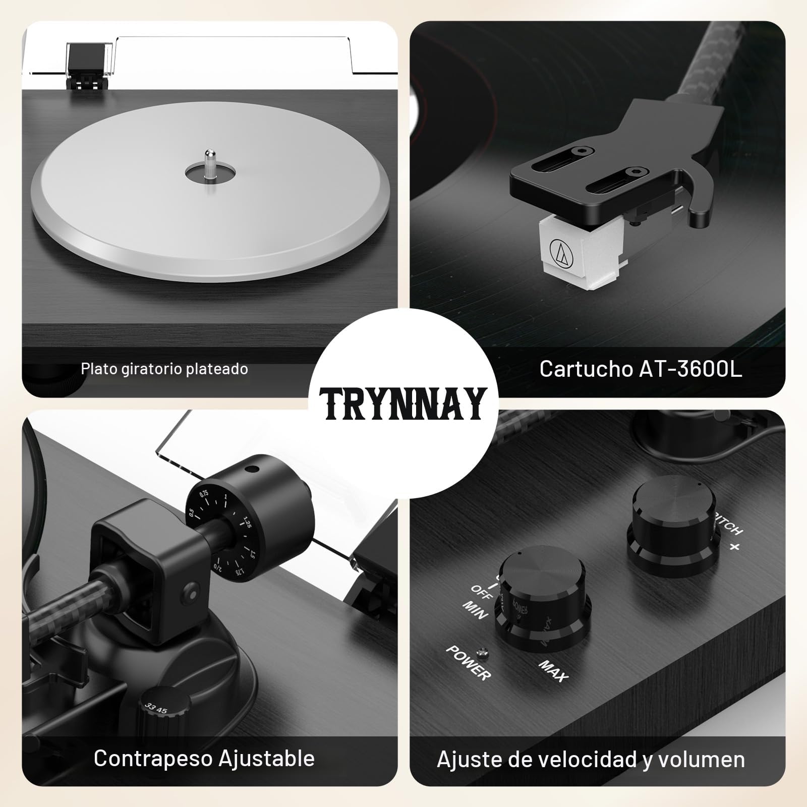 Trynnay Tocadiscos con contrapeso Ajustable, Entrada/Salida Bluetooth, 33/45 RPM, Reproduce Discos de Vinilo de 7/10/12 Pulgadas, Sonido Hi-Fi para Amantes de la música de Vinilo, Negro