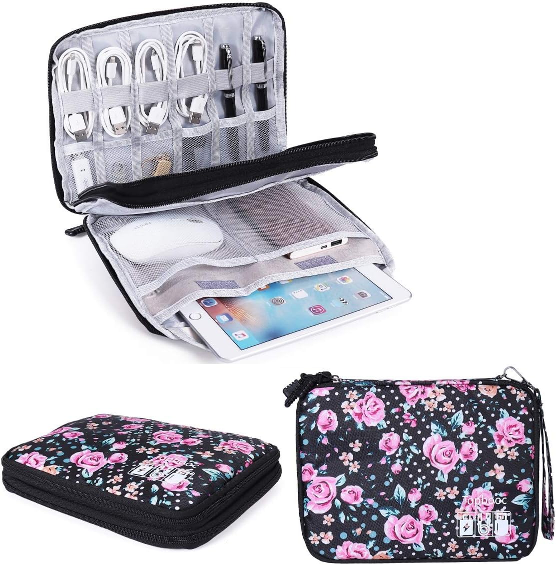 Universal Electronics Accessories Organizer, Waterproof Portable Cable Organizer Bag,Travel Gear Carry Bag for Cables (L, Black) (Flower, L)