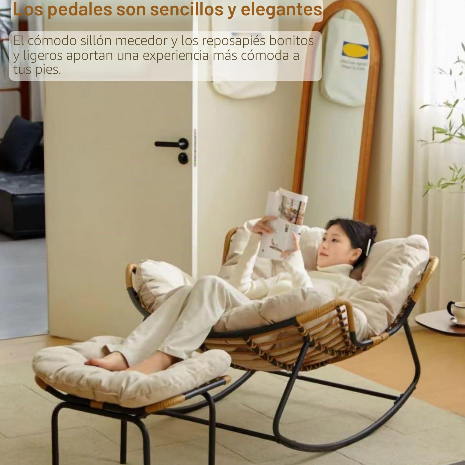 Silla mecedora Papasan para patio al aire libre con cojín acolchado, silla de mimbre de ratán grande para interiores, mecedoro de metal moderno