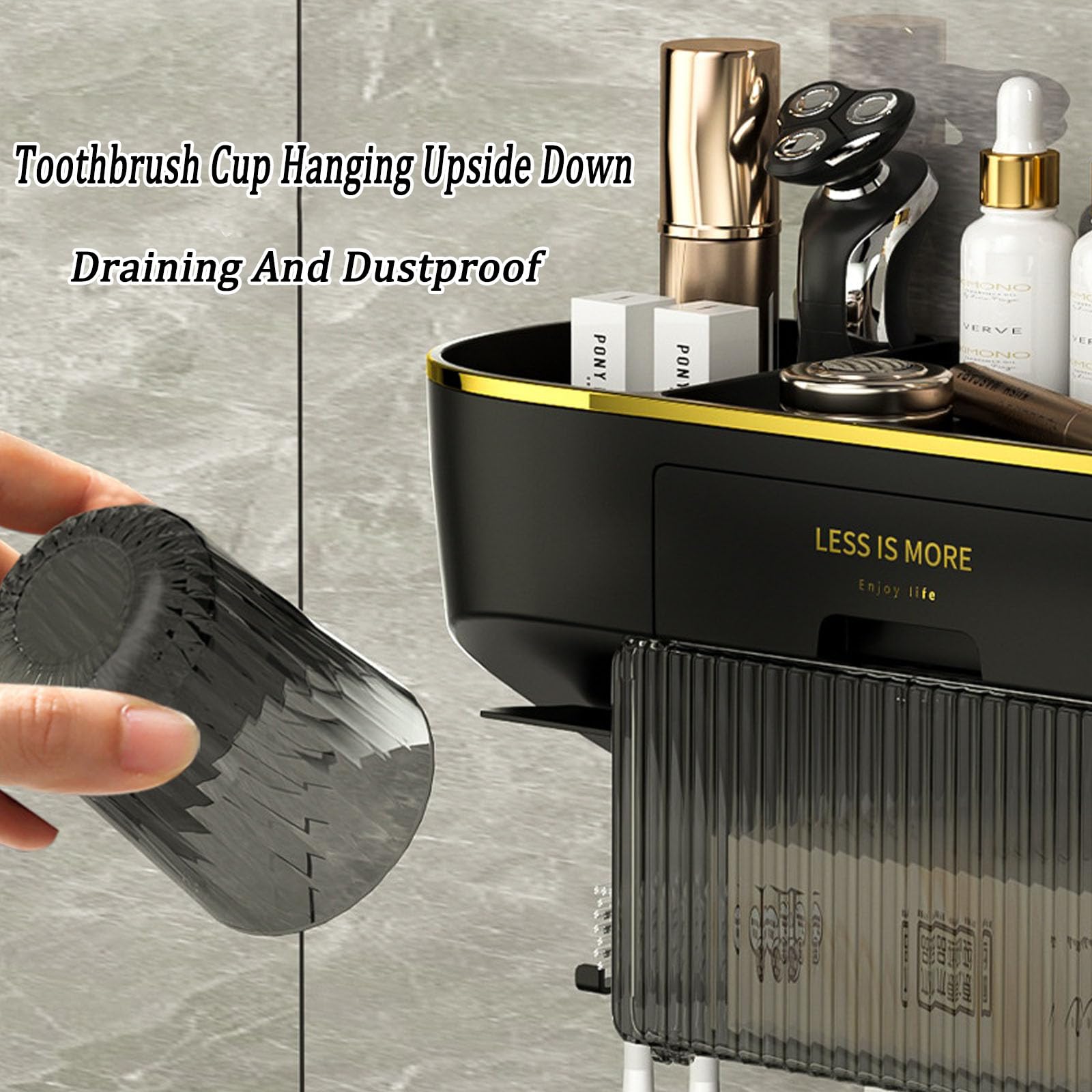 Portaspazzolini da Parete con Distributore di Dentifricio, Set Portaspazzolino Organizer da Bagno con Scatola di Fazzoletti, Adatto per L'installazione su Pareti Piatte-Black