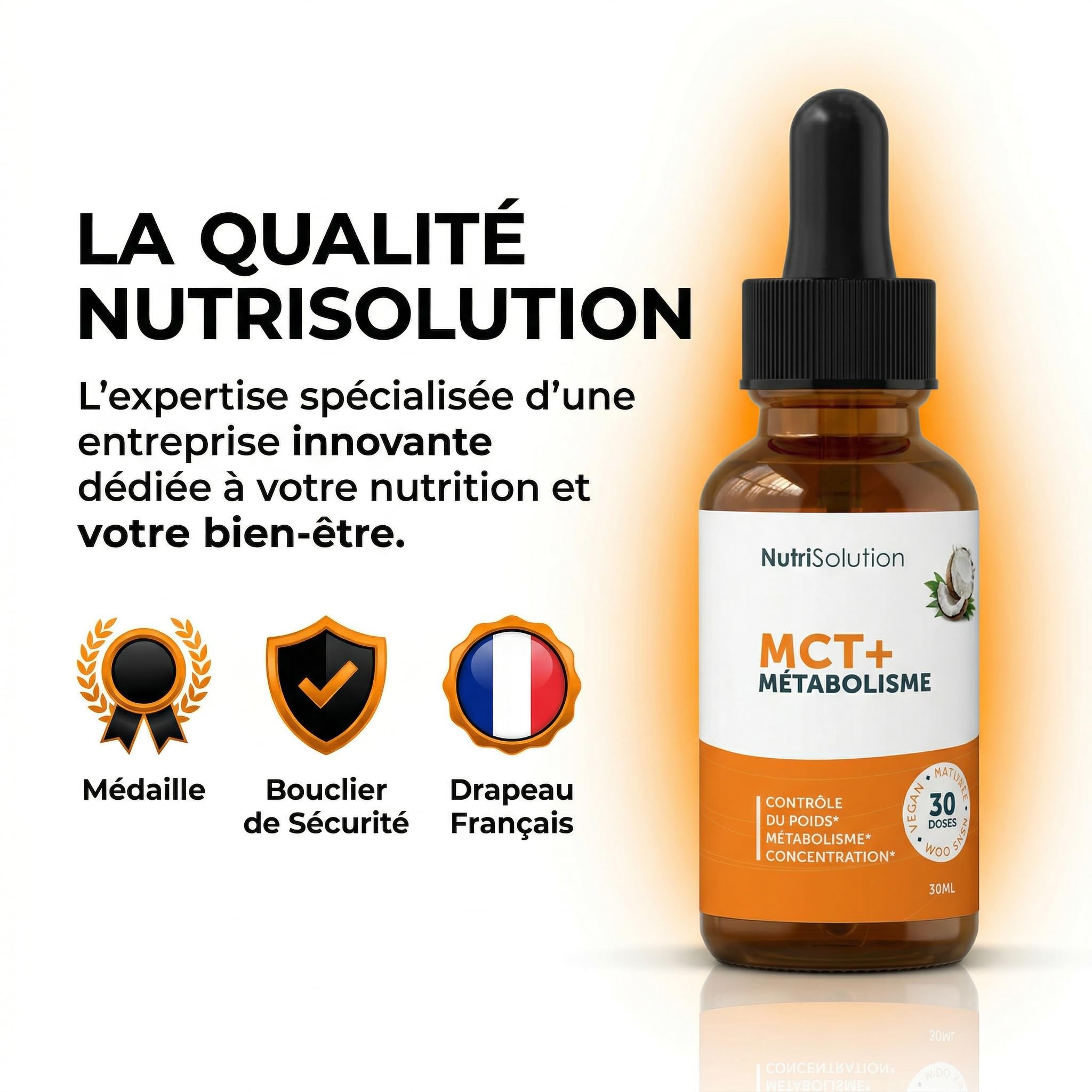 MCT+ par Nutrisolution: Extrait d'Huile de Coco Premium - Stimule le Métabolisme avec Schisandra, Rhodiola & Thé Vert - Brûle la Graisse Abdominale - 30ml Gouttes Liquides (1)