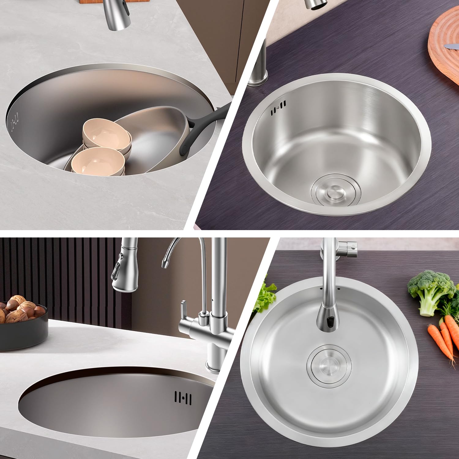 Fregadero Cocina Acero Inoxidable Redondo 30cm Drenaje Lavabo | Bandeja 11.8x6.5 Pulgadas con Tubo Drenaje para Baño RV Hogar