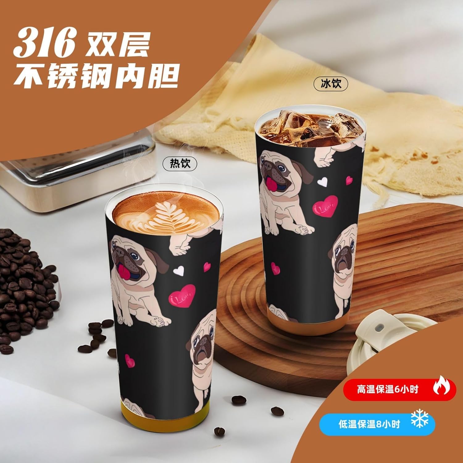 Cute Pug Print Leakproof Insulated Coffee Mug,Stainless Steel Dual Drink Travel Tumbler,17 OZ