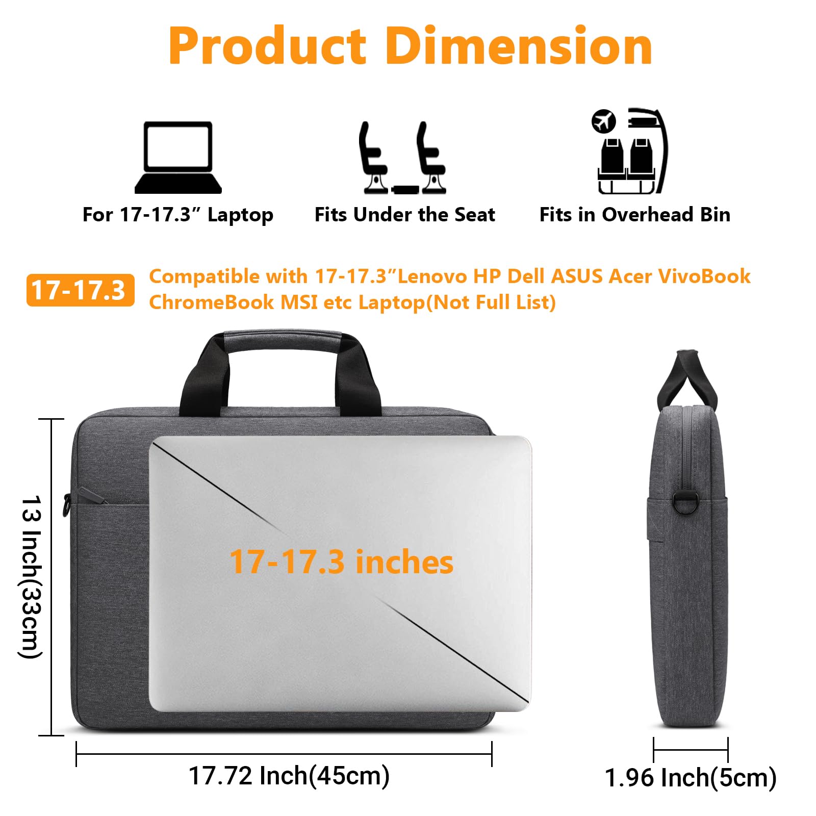 ZYB Impermeabile Borsa Porta PC Tracolla Custodia Portatil 17-17.3 Pollici per 17-17,3 Pollici Computer Notebook Lenovo Acer ASUS Vivobook Dell HP Samsung Laptop-Grigio Scuro