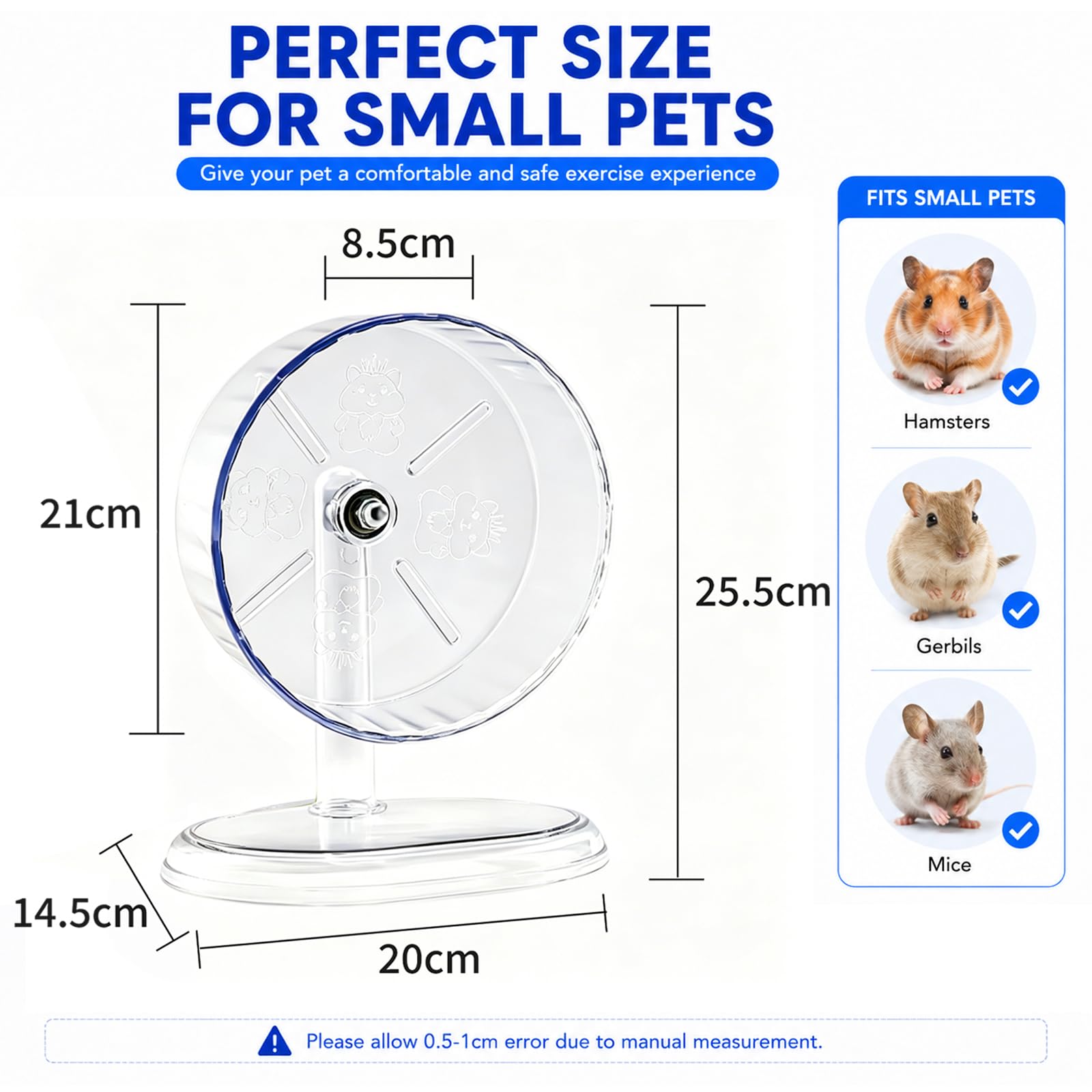 Ciche koło chomika, 21 cm ciche koło chomika, regulowany wspornik | przezroczysta powierzchnia wyścigowa 8,5 cm, chomiki akcesoria dla chomików karłowatych myszoskoczek małe zwierzęta