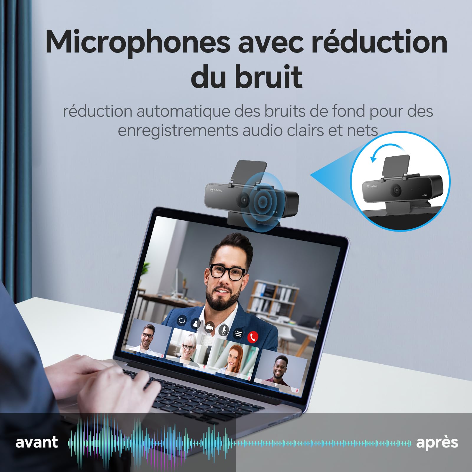NewlineWork Webcam PC 4k avec Microphone antibruit, 3 Modes AI et 2 contrôles gestuels, Champ de Vision Multiple, USB 4k caméra pour PC Mac Laptop, vidéoconférence, Streaming