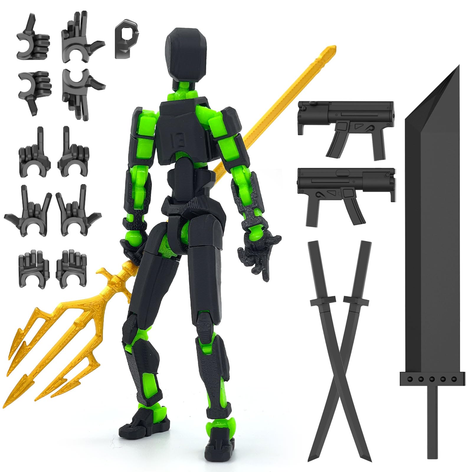 T13 Action Figure Assembly Completed, Titan 13 Action Figure, Dummy with Golden Giant Fork Weapon Giant Sword 3D Printed Robo 13 Lucky 13 Multi-Jointed Movable Nova 13 Toy (Black-Green)