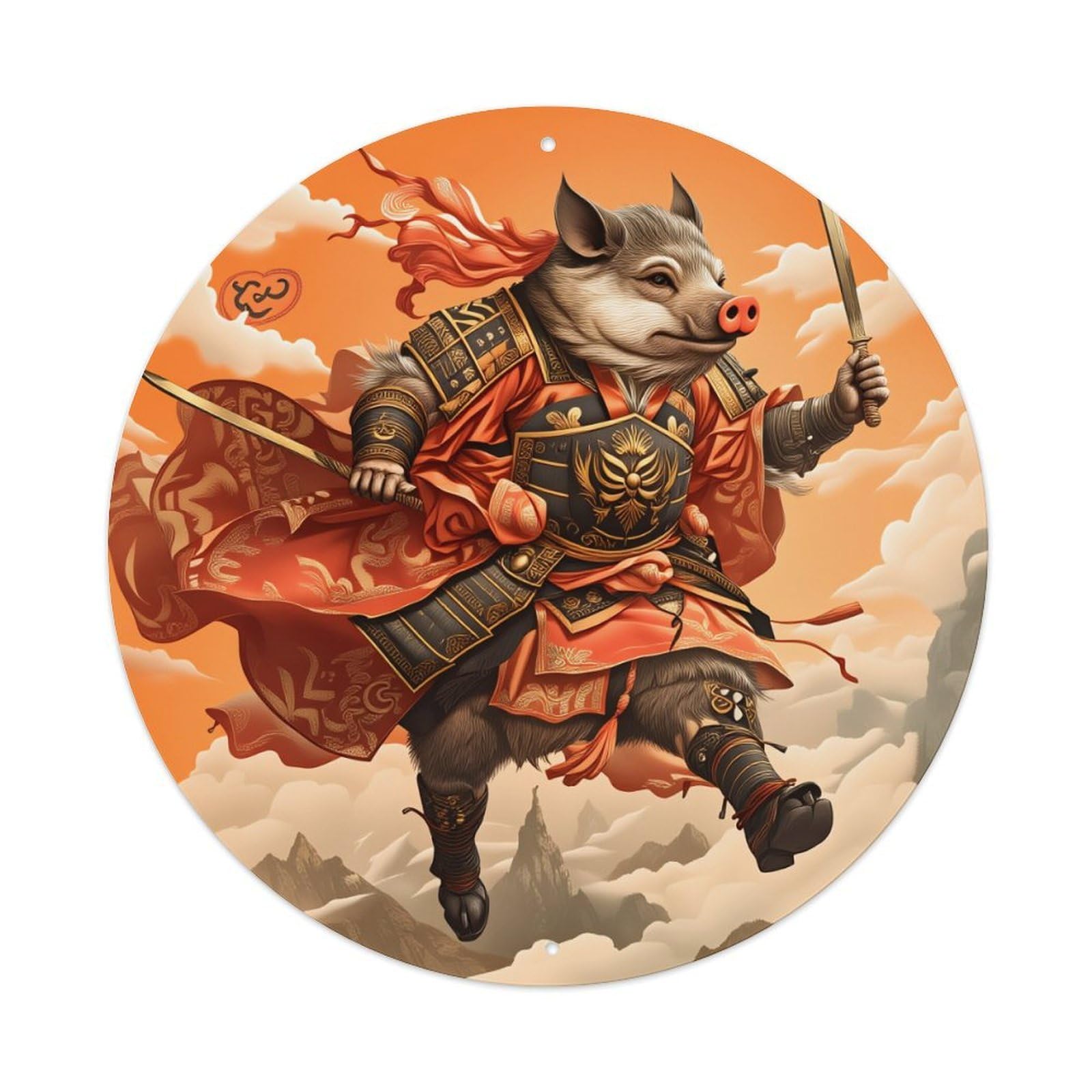 Pig Warrior Samurai Orange Sky Round Tin Sign Vintage Style Metal Sign Home Bar Garden Wall Plaque Decor Metal Poster 8x8 Inch