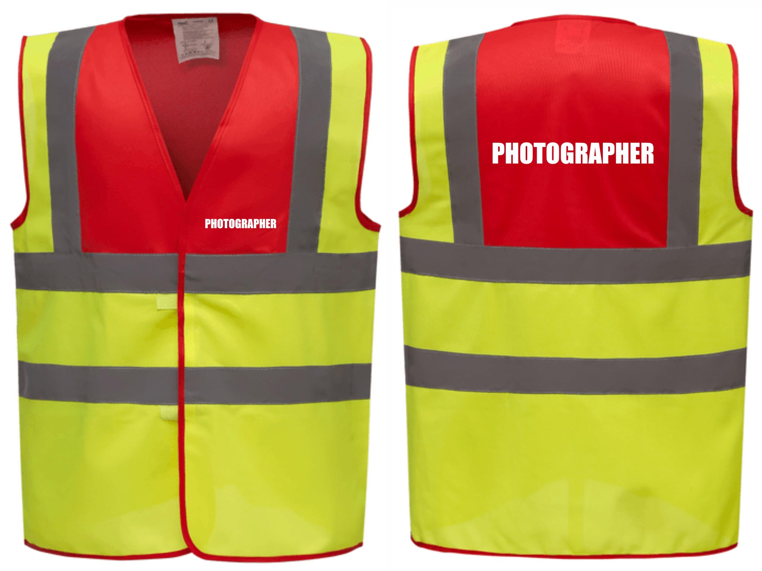 Brook Hi Vis Premium Two Tone Safety Vest - PHOTOGRAPHER Printed Front & Back, Event Management High Viz Waistcoat, Available 8 Colours Hi Vis Vest (Red/Yellow, Medium)
