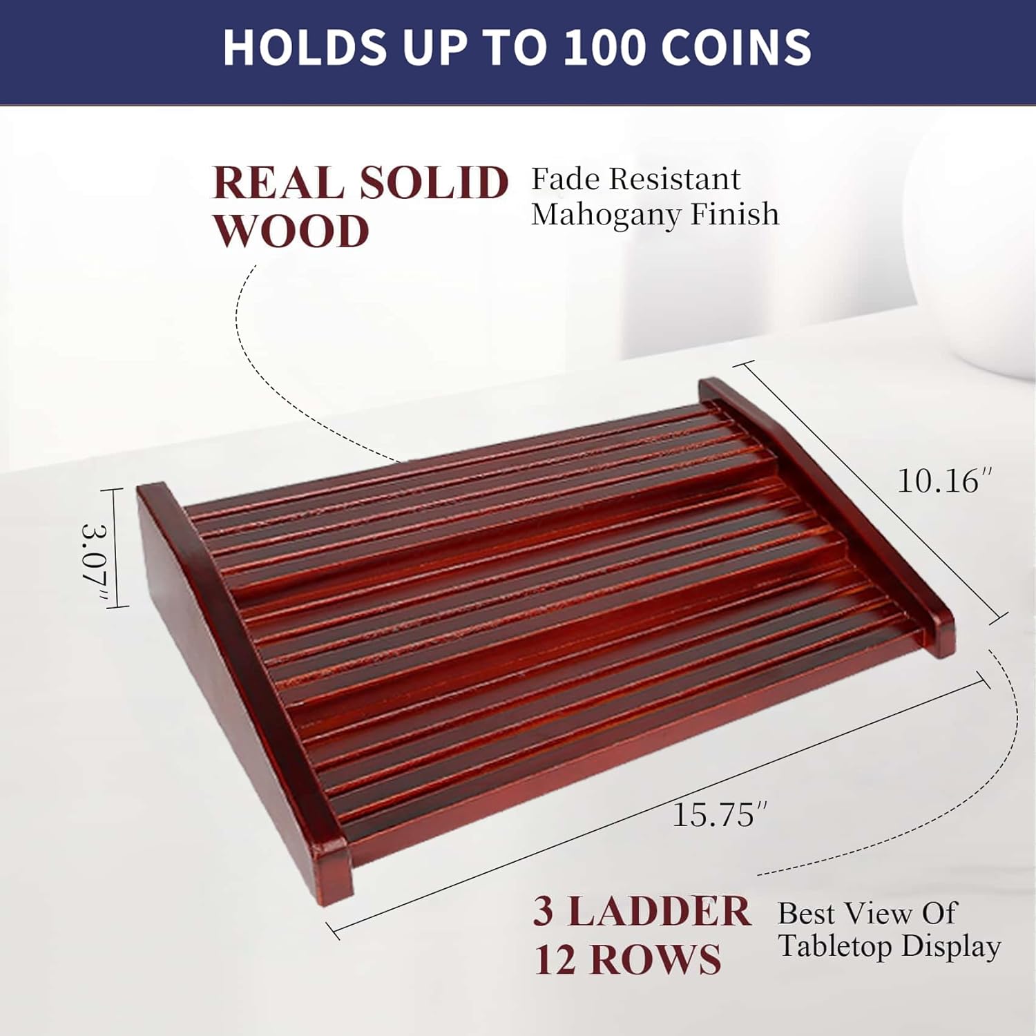 Challenge Coin Holder Display Case - 3 Tiers Solid Wood Military Coin Rack for 80-100 Coins, Army Coin Stand for Desk Display, Mahogany