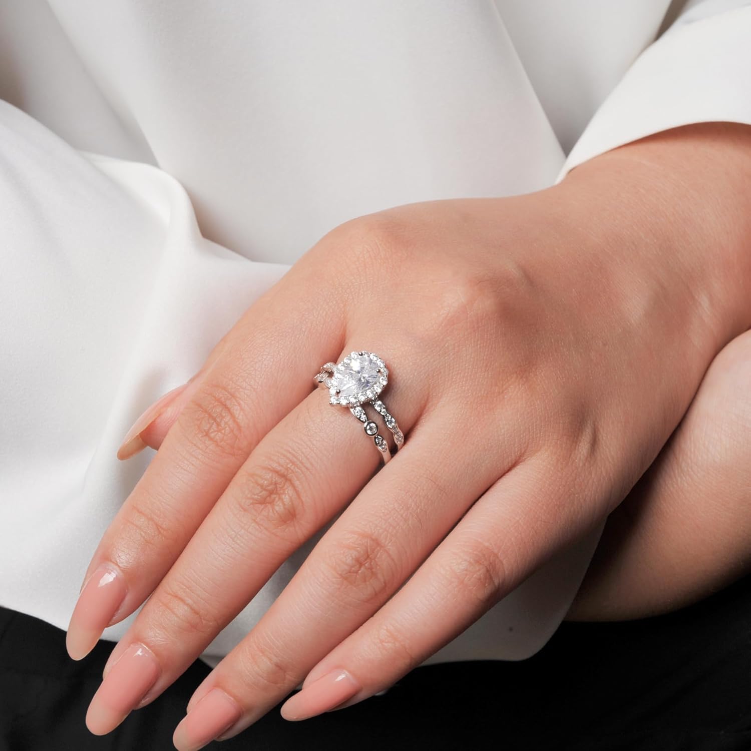 1CT Pear Cut Cubic Zirconia Halo Promise Engagement Ring For Women in 925 Sterling Silver, Simulated Diamond 14k White Gold Plated CZ Stackable Rings For Her, Wedding Band Bridal Ring Set - Image 5