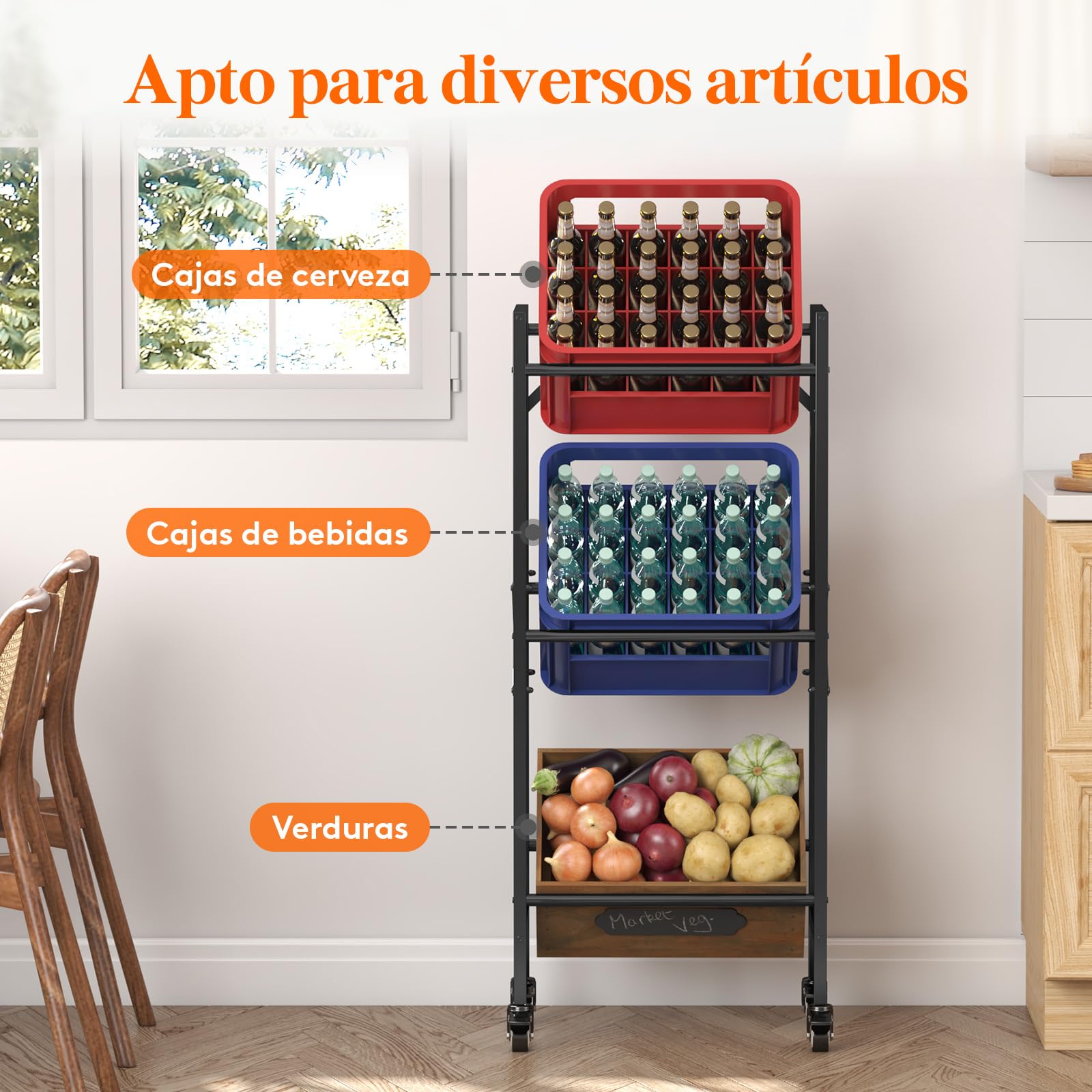 Lifewit Estantería para Bebidas con Ruedas para 3 Cajas, Estantería Metálica para Bebidas, Capacidad 450 kg, Pintura Antiarañazos, Estantería Estable para Cajas de Cerveza, Verduras y Agua