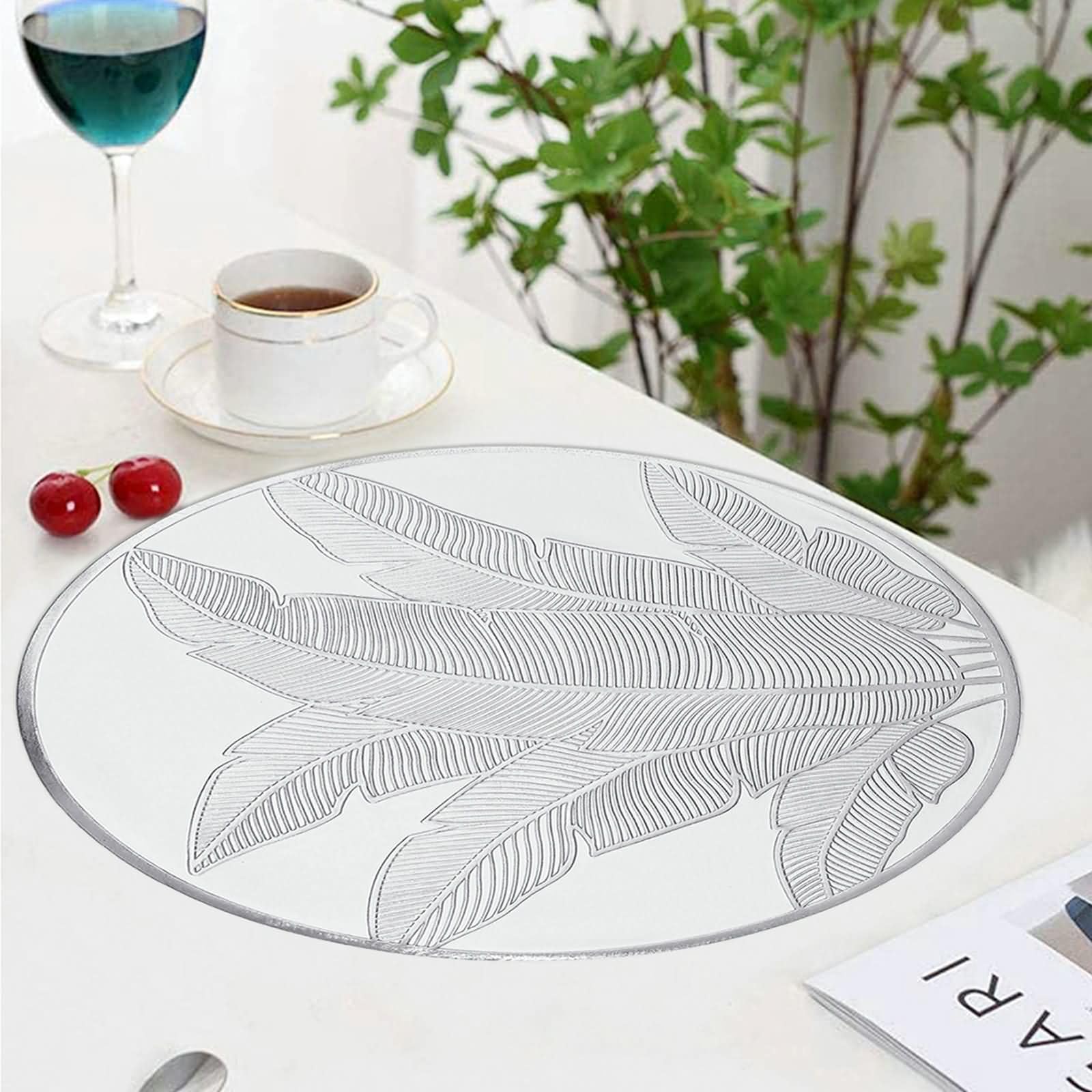 Salvamanteles Individuales 10 Piezas, 38 CM Manteles Individuales para Comedor PVC Plata, Redondo con Patrón de Hoja