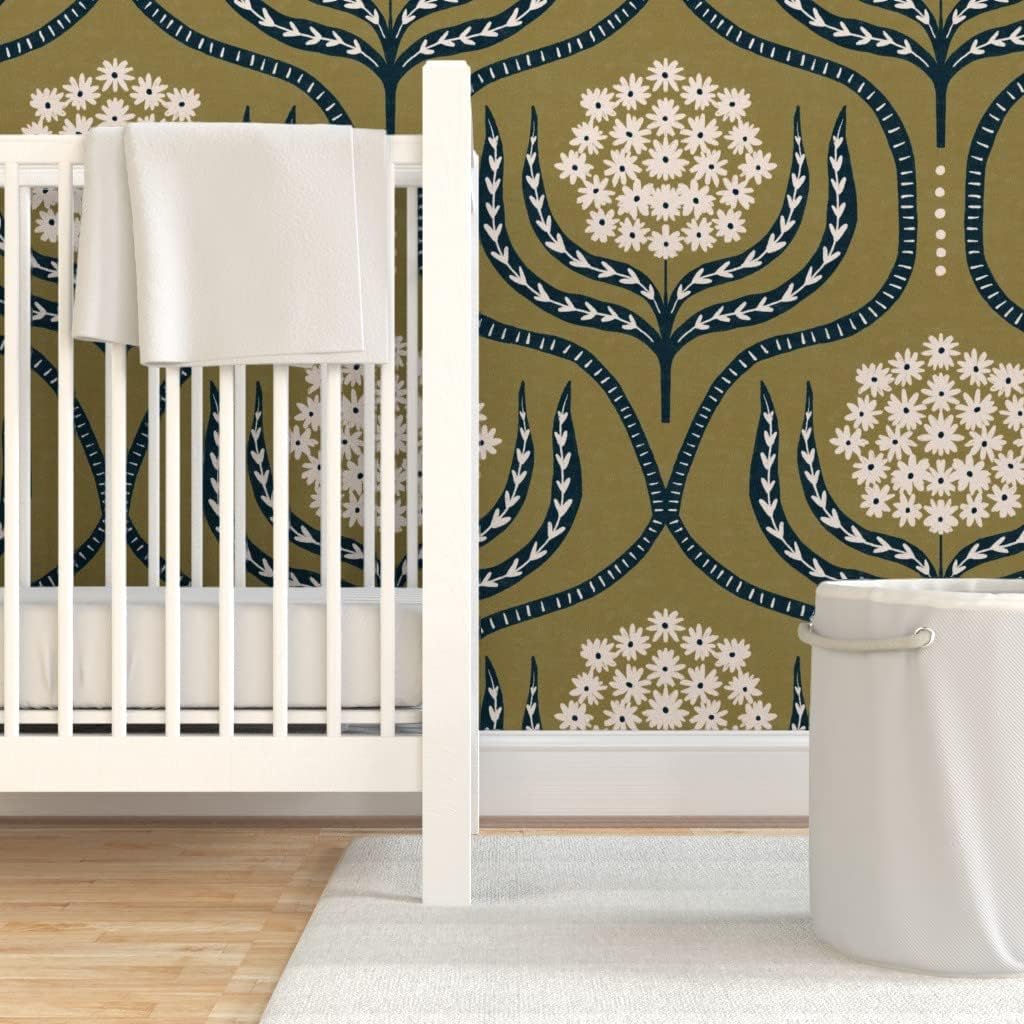 Spoonflower Removable Wallpaper 6ft x 2ft - Large Olive Green Minimal Floral Damask Simple Flower Custom Pre-Pasted Wallpaper