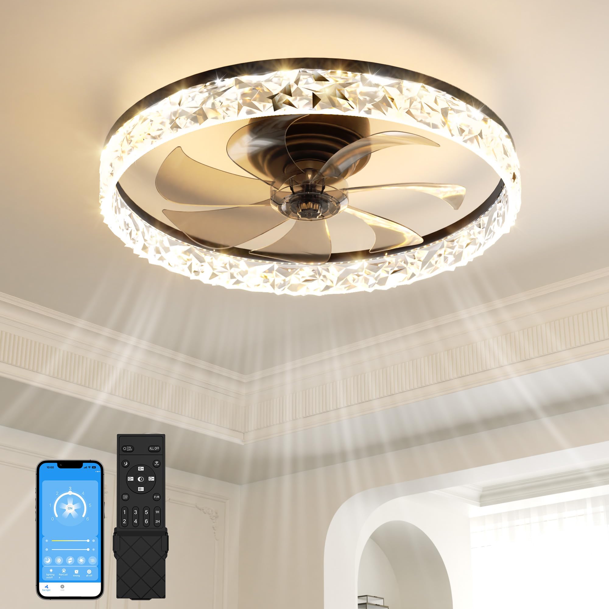 VOLISUN Ceiling Fans with Lights and Remote, 50cm Modern Smart LED Ceiling Fan Light, 6 Speeds and 3000K-6500K Dimmable Quiet Fan Ceiling Lights for Bedroom Living Room Dining Room (Black)