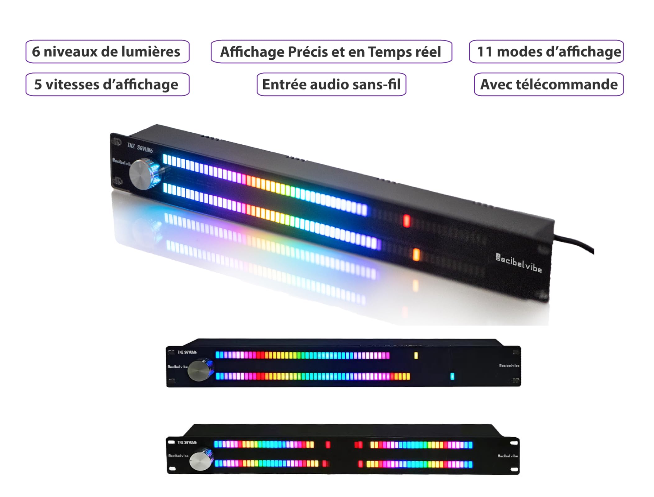 Decibelvibe TNZ SGVUM6 - VU-Mètre avec entrée/Sortie RCA-Jack 3.5, entrée sans Fil Via Microphone Intégré, 19 Couleurs, pour Systèmes Audio HiFi, Home Cinéma, Sono Professionnelle, DJ (Argent)
