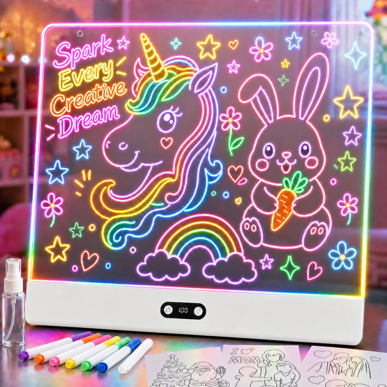 LED Drawing Board for Kids, 16 Inch Rechargeable Light Up Note Board, 8 Colors & 3 Dynamic Modes, 6 Brightness, Dry Erase Glow Art Pad with Stand, Birthday Gifts,Home,Office for Girls & Boys
