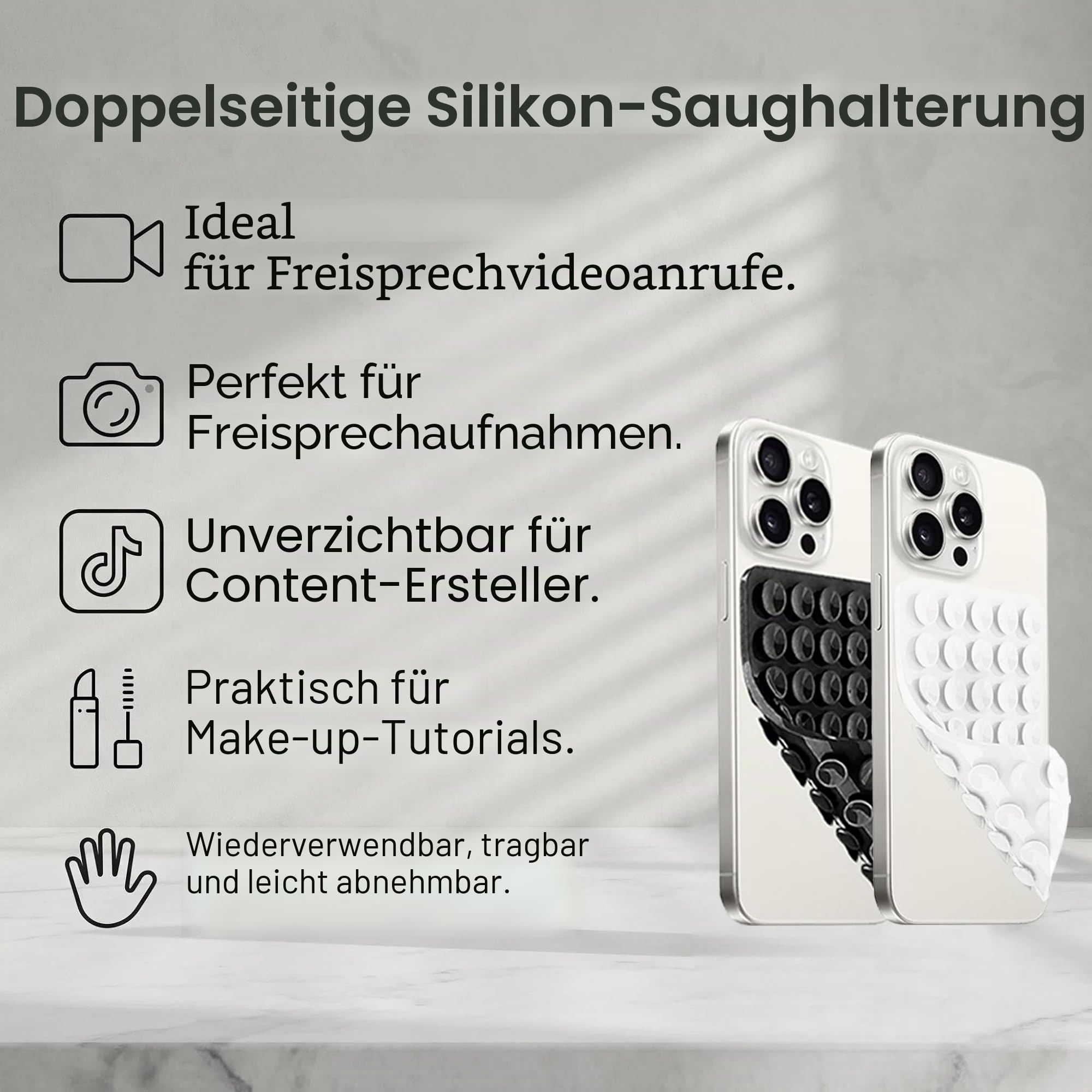 2-Pack Doppelseitiger Saugnapf-Handy-Griff und Halterung – Handsfreie Nutzung, wiederverwendbar und Starkes Halten für Selfies, Videogespräche und mehr (Transparent+Black)